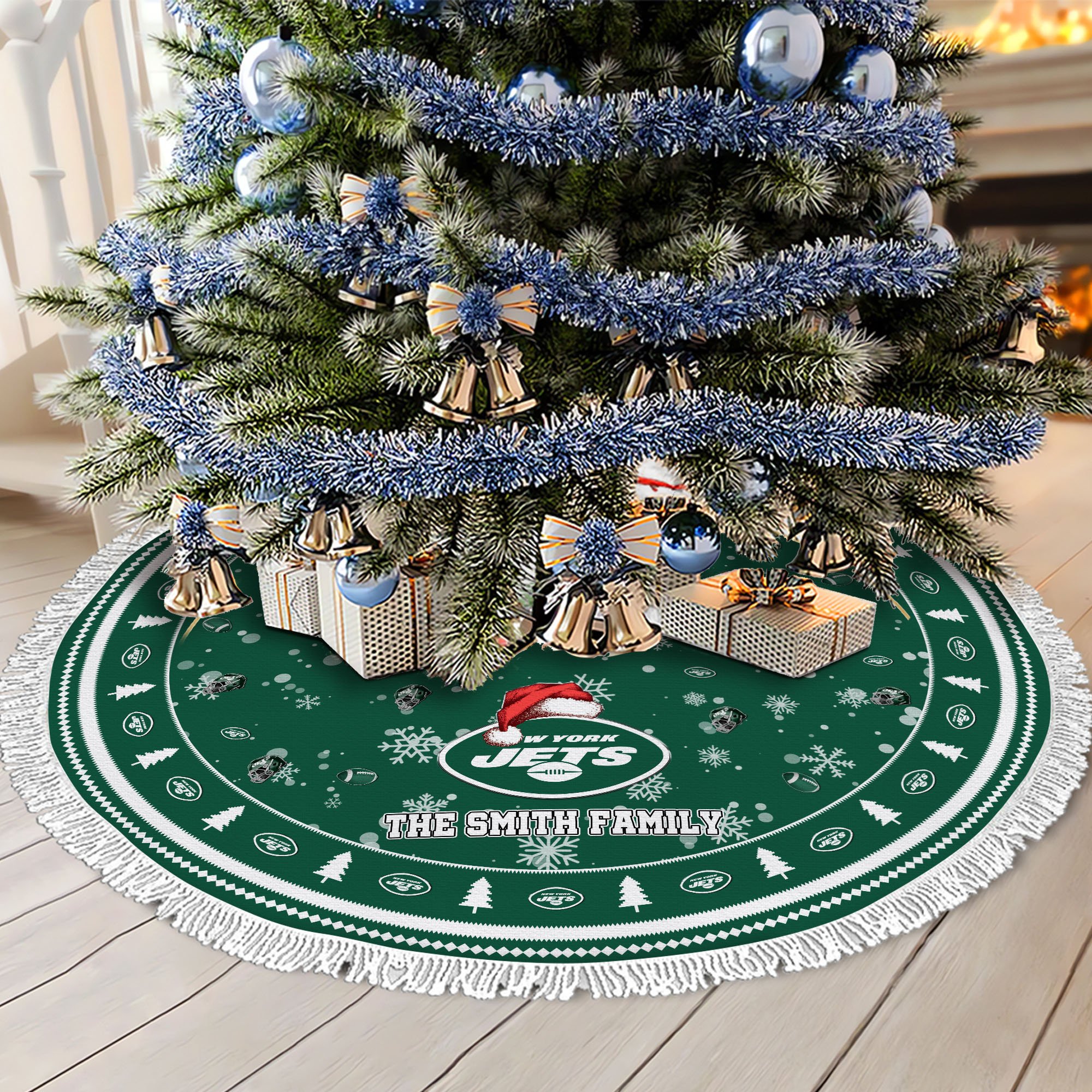 New York Jets Tree Skirt Bordered Custom Family Name 2024 Version, Christmas Tree Skirt For Sport Fans, Christmas Decorations EHIVM-62752