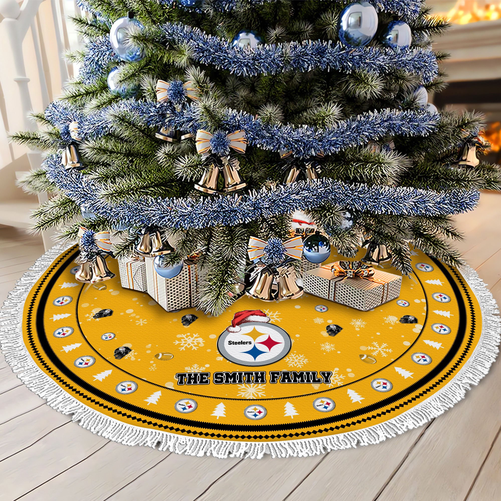 Pittsburgh Steelers Tree Skirt Bordered Custom Family Name 2024 Version, Christmas Tree Skirt For Sport Fans, Christmas Decorations EHIVM-62752