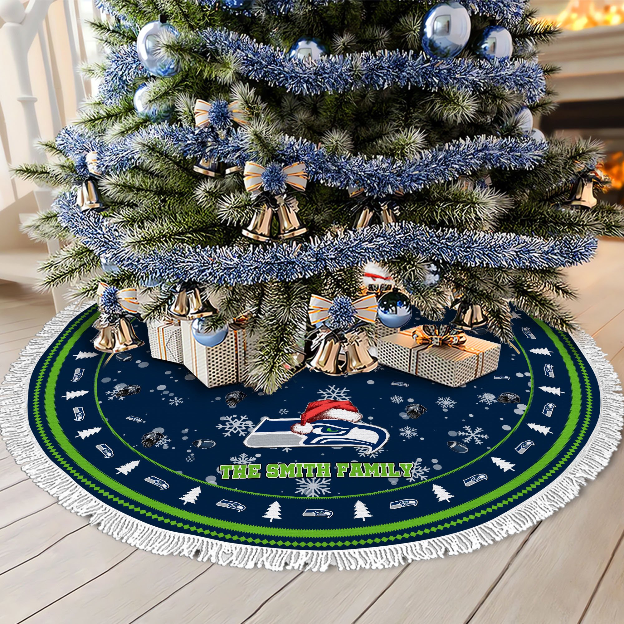 Seattle Seahawks Tree Skirt Bordered Custom Family Name 2024 Version, Christmas Tree Skirt For Sport Fans, Christmas Decorations EHIVM-62752