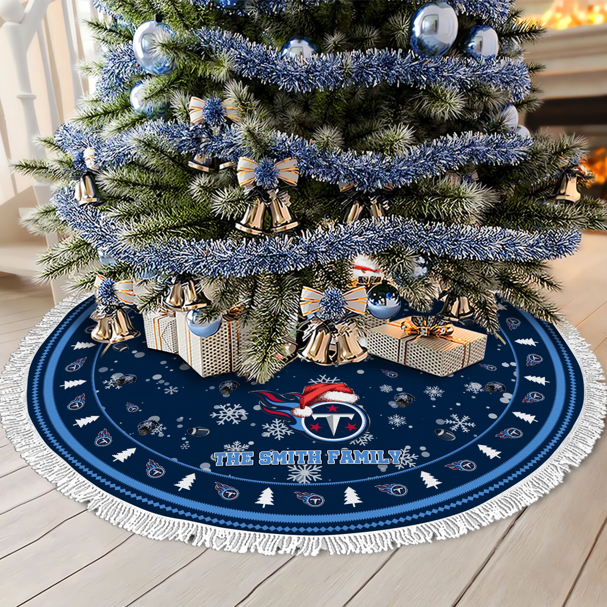 Tennessee Titans Tree Skirt Bordered Custom Family Name 2024 Version, Christmas Tree Skirt For Sport Fans, Christmas Decorations EHIVM-62752