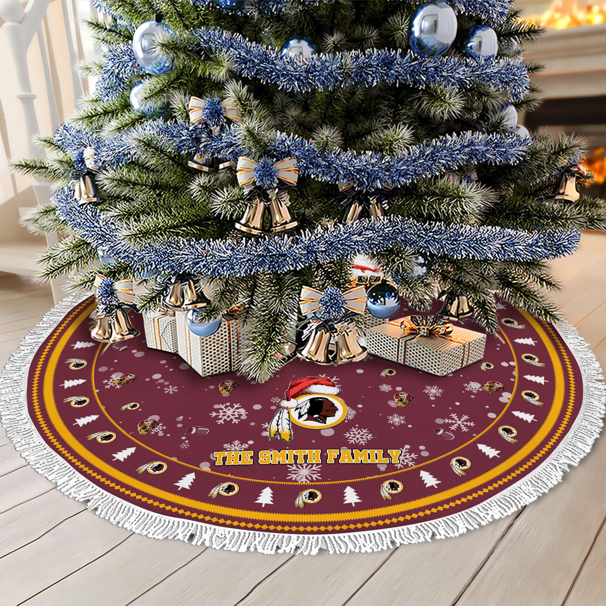 Washington Redskins Tree Skirt Bordered Custom Family Name 2024 Version, Christmas Tree Skirt For Sport Fans, Christmas Decorations EHIVM-62752