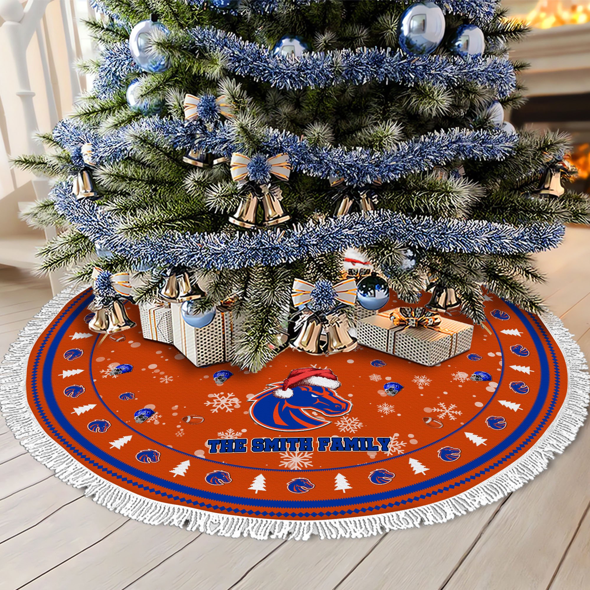 Boise State Broncos Tree Skirt Bordered Custom Family Name 2024 Version, Christmas Tree Skirt For Sport Fans, Christmas Decorations EHIVM-62778