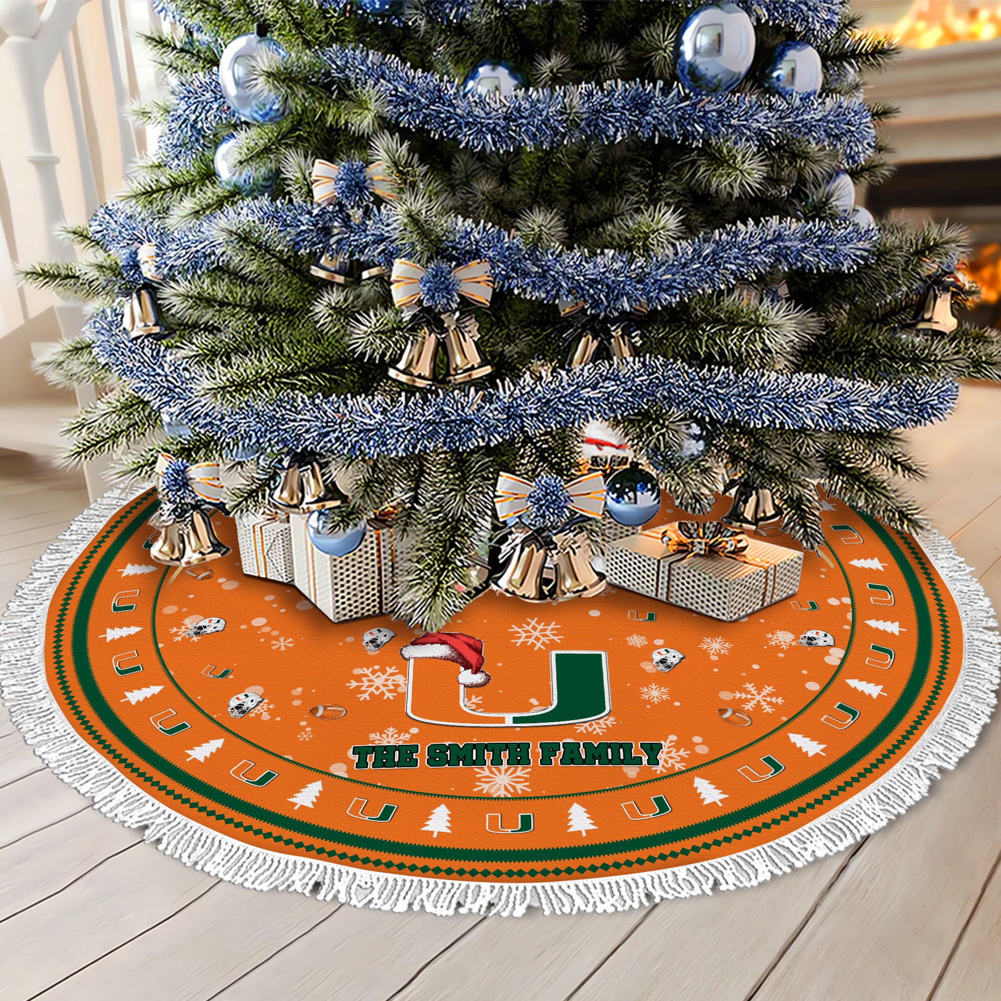 Miami Hurricanes Tree Skirt Bordered Custom Family Name 2024 Version, Christmas Tree Skirt For Sport Fans, Christmas Decorations EHIVM-62778