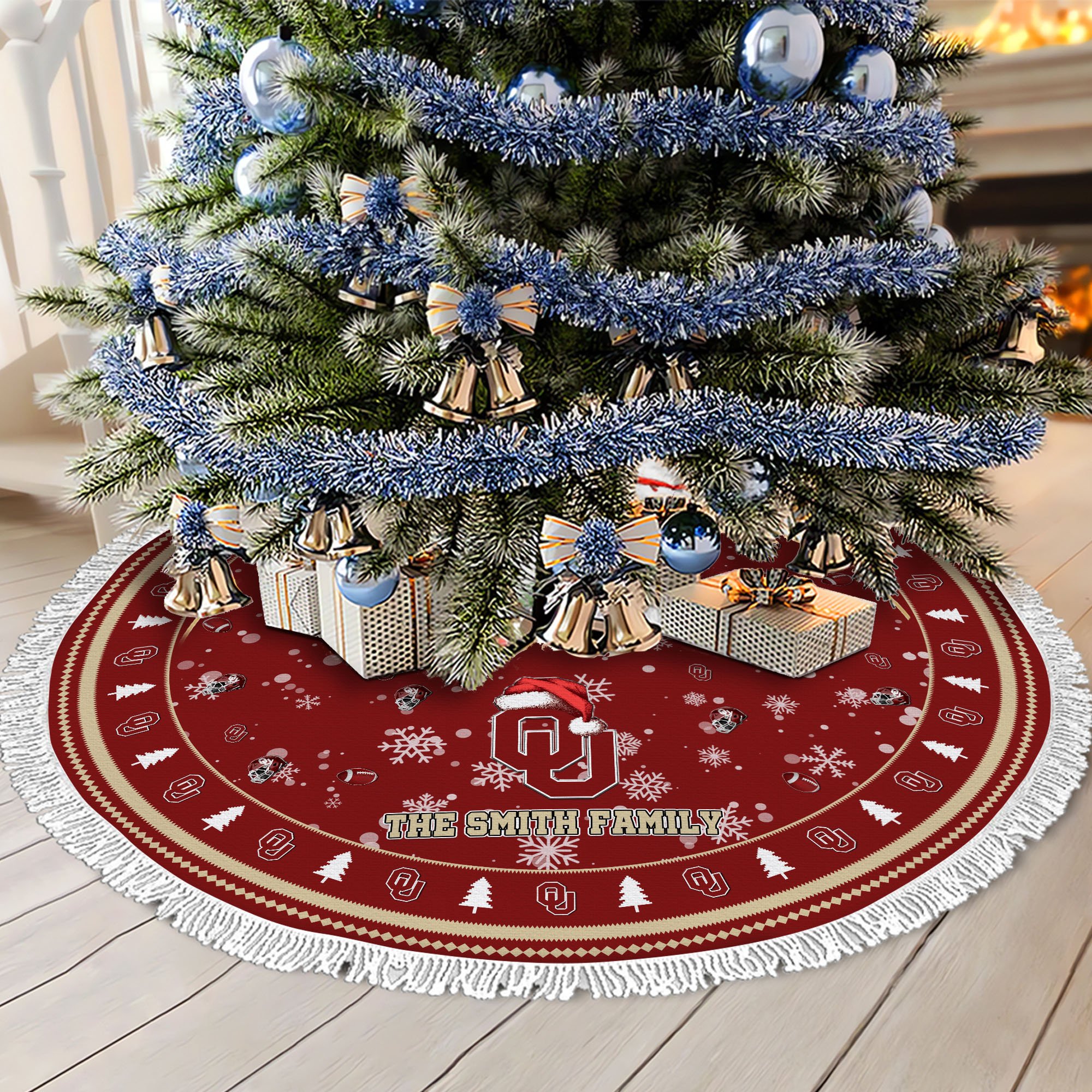 Oklahoma Sooners Tree Skirt Bordered Custom Family Name 2024 Version, Christmas Tree Skirt For Sport Fans, Christmas Decorations EHIVM-62778