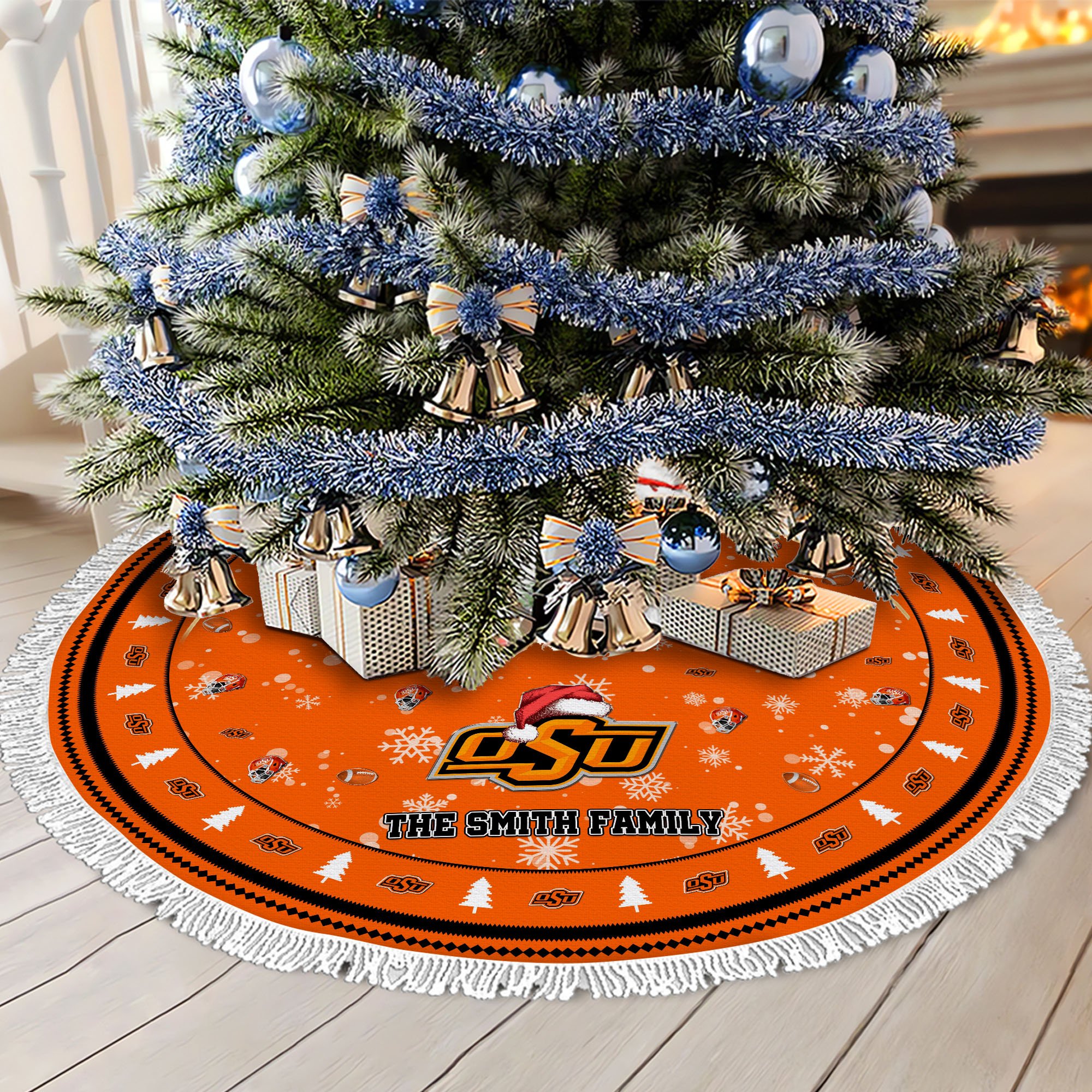 Oklahoma State Cowboys Tree Skirt Bordered Custom Family Name 2024 Version, Christmas Tree Skirt For Sport Fans, Christmas Decorations EHIVM-62778