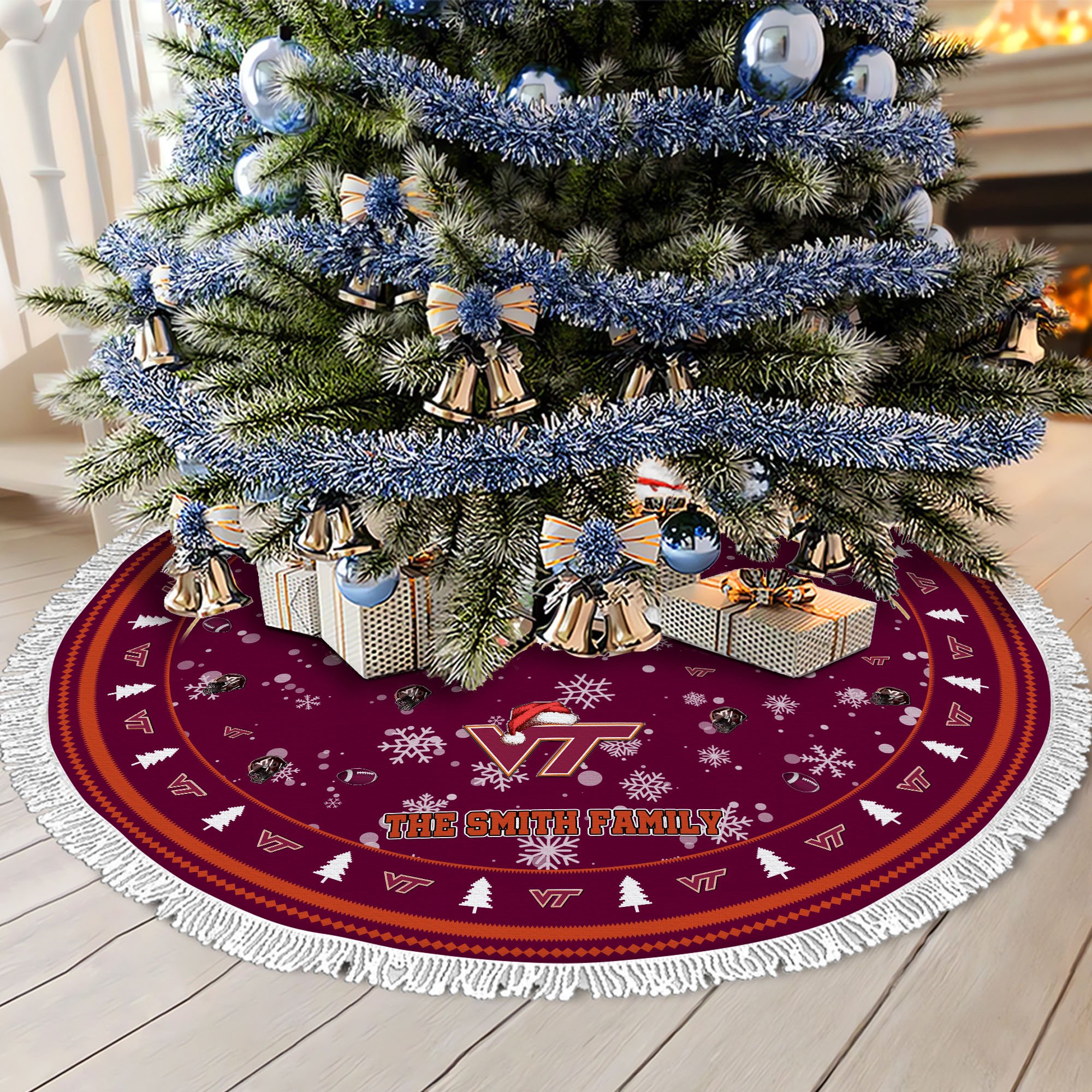 Virginia Tech Hokies Tree Skirt Bordered Custom Family Name 2024 Version, Christmas Tree Skirt For Sport Fans, Christmas Decorations EHIVM-62778