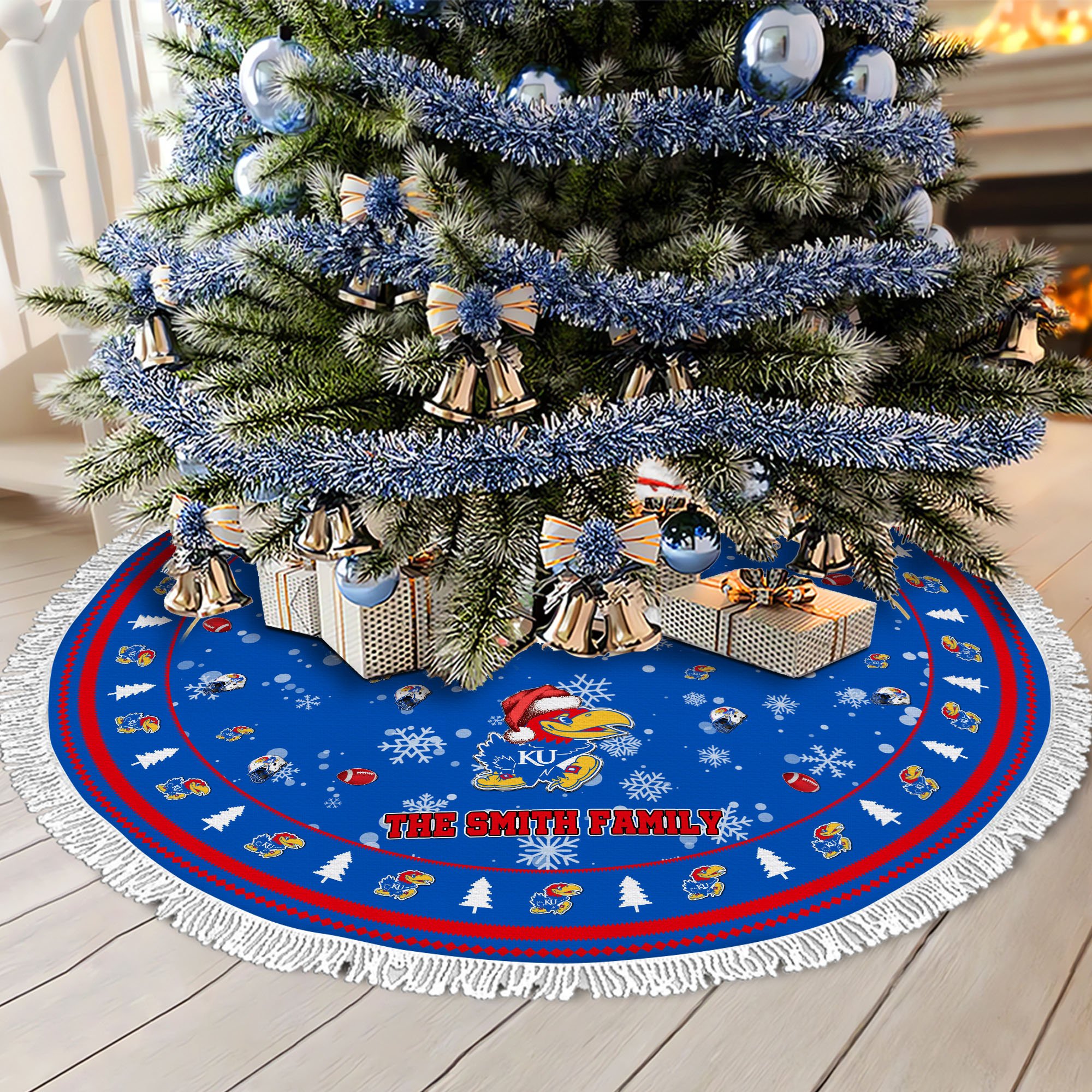 Kansas Jayhawks Tree Skirt Bordered Custom Family Name 2024 Version, Christmas Tree Skirt For Sport Fans, Christmas Decorations EHIVM-62778