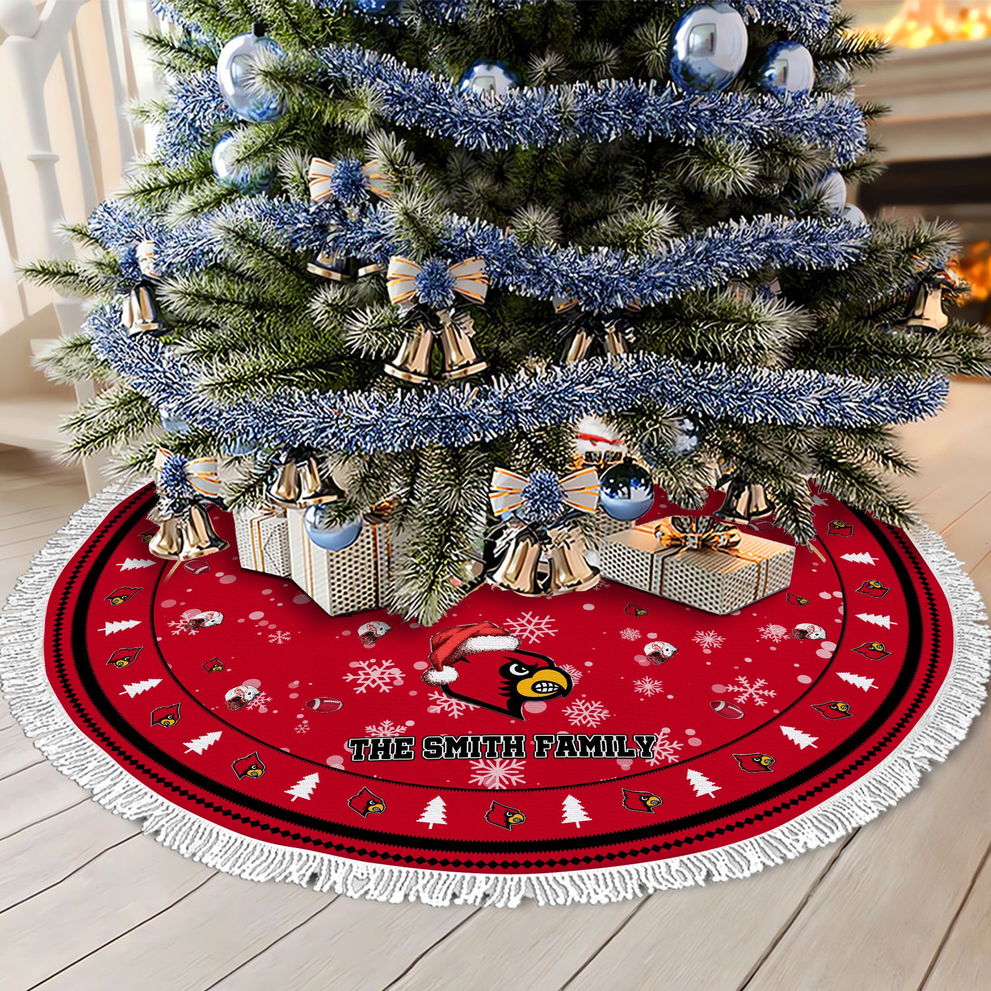 Louisville Cardinals Tree Skirt Bordered Custom Family Name 2024 Version, Christmas Tree Skirt For Sport Fans, Christmas Decorations EHIVM-62778