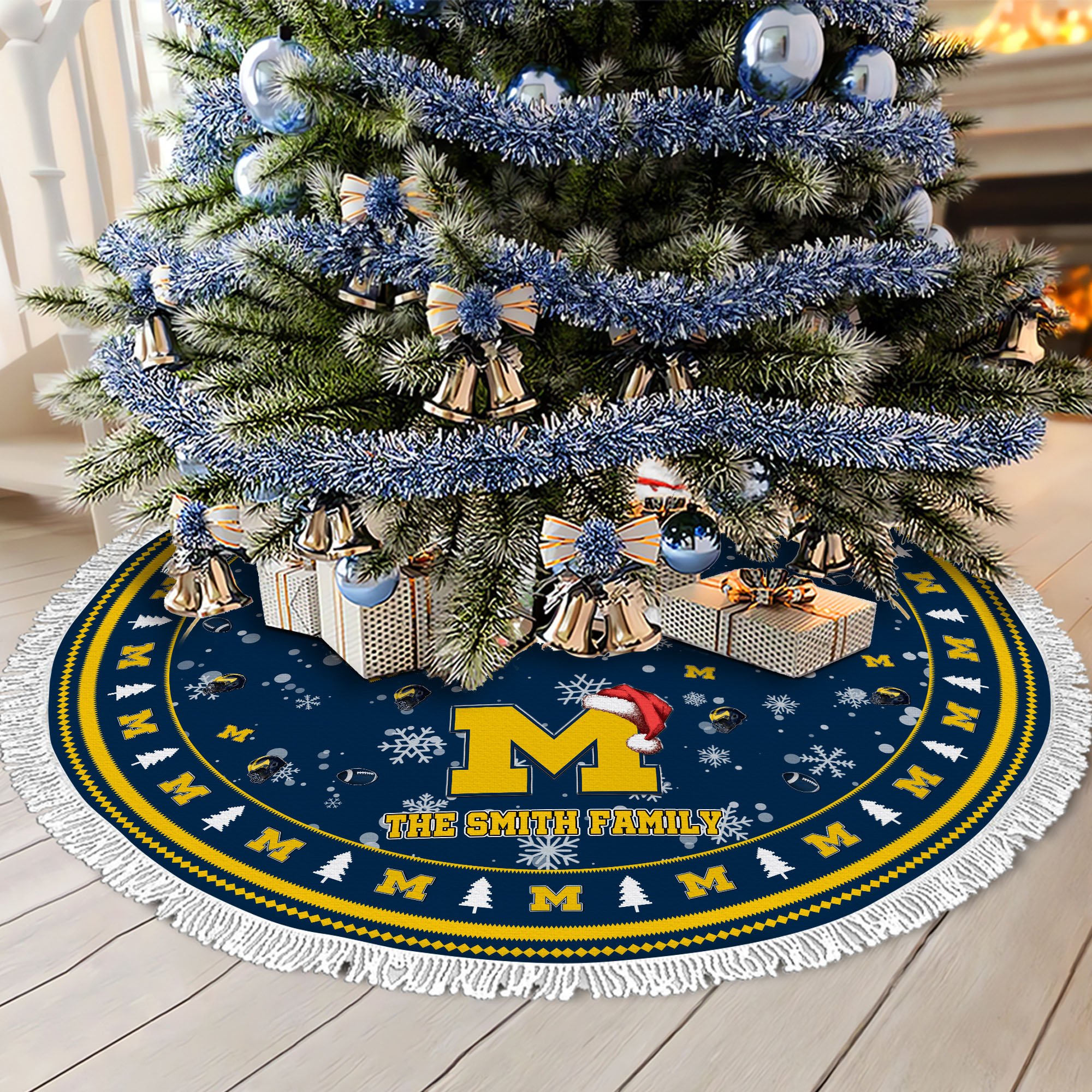 Michigan Wolverines Tree Skirt Bordered Custom Family Name 2024 Version, Christmas Tree Skirt For Sport Fans, Christmas Decorations EHIVM-62778