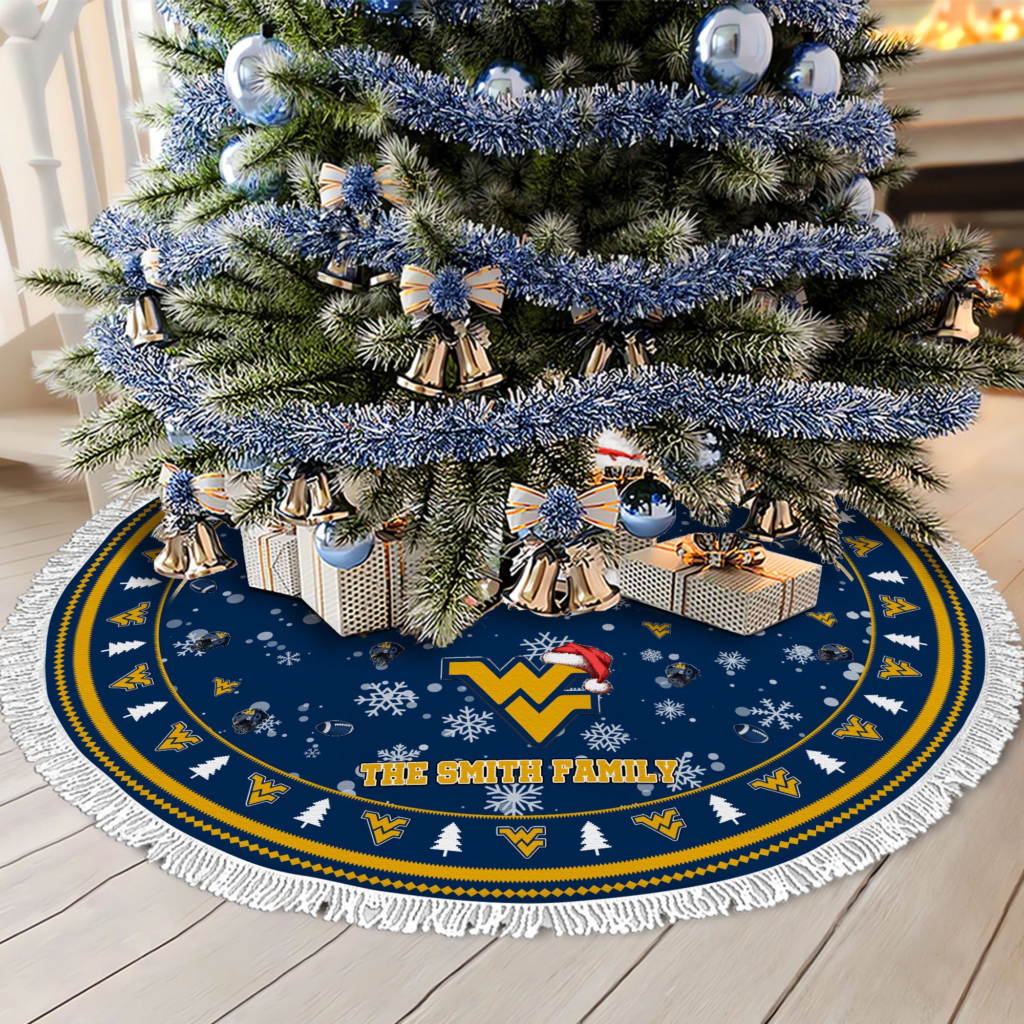 West Virginia Mountaineers Tree Skirt Bordered Custom Family Name 2024 Version, Christmas Tree Skirt For Sport Fans, Christmas Decorations EHIVM-62778