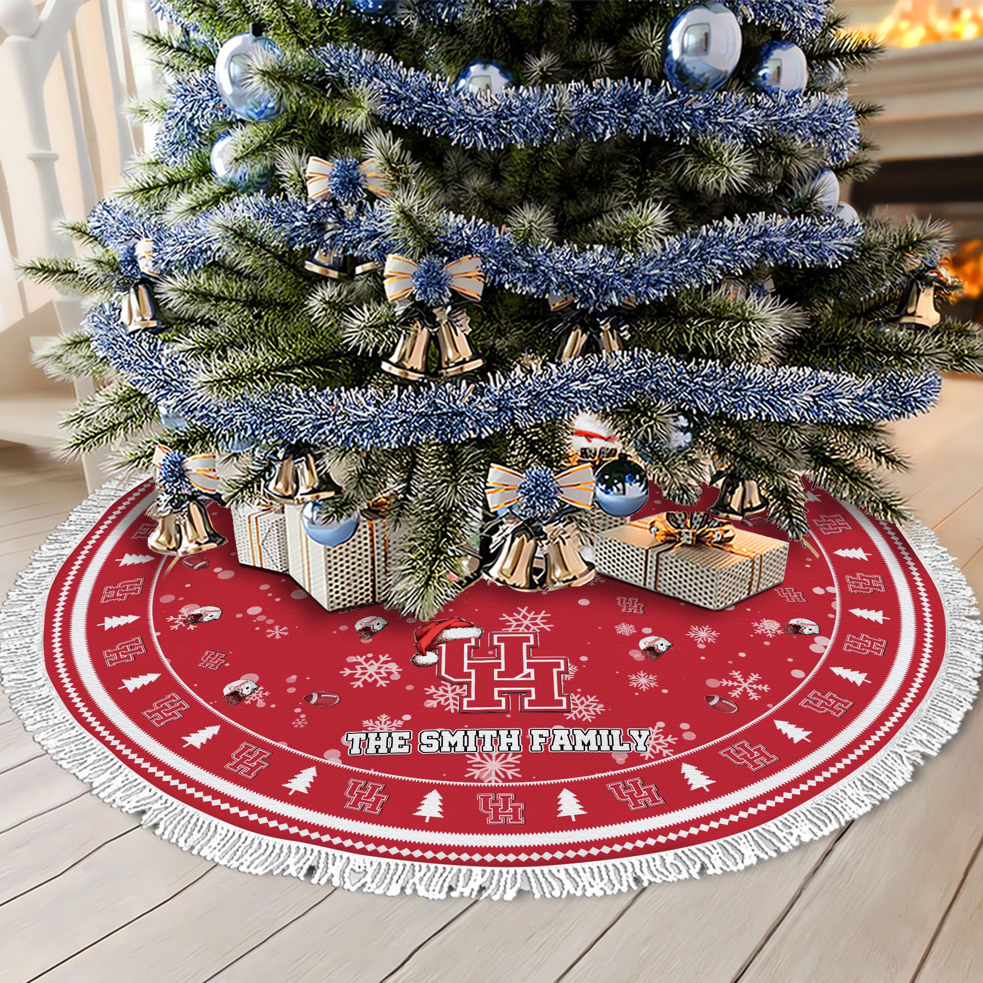 Houston Cougars Tree Skirt Bordered Custom Family Name 2024 Version, Christmas Tree Skirt For Sport Fans, Christmas Decorations EHIVM-62778