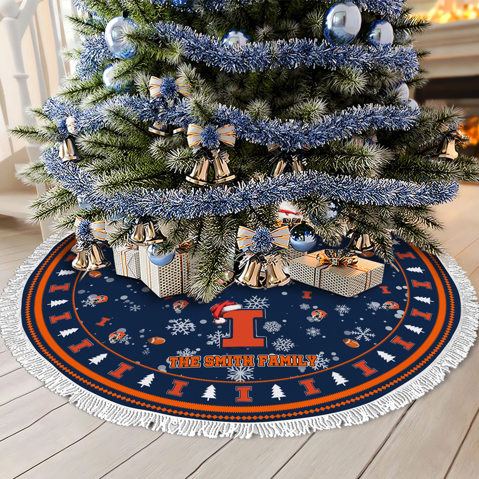 Illinois Fighting Illini Tree Skirt Bordered Custom Family Name 2024 Version, Christmas Tree Skirt For Sport Fans, Christmas Decorations EHIVM-62778